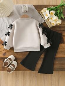 SHEIN Playful Pals 2 件套男婴/女婴男女通用婴儿/幼儿 6 个月-3 岁杏色柔软圆领长袖运动衫和纯黑色裤子两件套服装，适合外出、约会、休闲装、校园散步、友好聚会