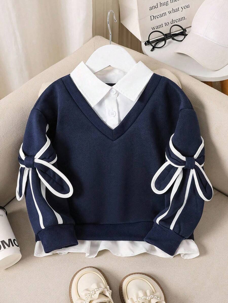 Tween Girl Colorblock Bow Decor 2 In 1 Sweatshirt - Royal Blue - View 1