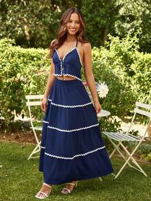 KARISMINA 2pcs/Set Women Summer Fashion Camisole Top & Skirt - Navy Blue - View 3