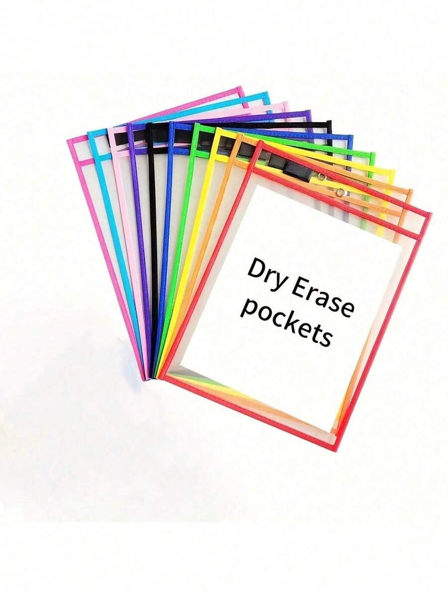 6pcs/10pcs (Random Color)Reusable Dry Erase Pockets, Extra Large Whiteboard Pockets, Transparent Plastic Protective Film, Teacher School Classroom Supplies