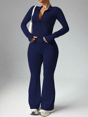 Slayform Women's Plus Size Casual Zip-Up Jacket With Thumb Hole & High Waist Flare Pants 2 Pieces Set Long Sleeve Set Yoga Set Flare Set Sport Set Long Sleeve Jumpsuit Yoga Jumpsuit Flare Jumpsuit Sport Jumpsuit Jumpsuit For Women