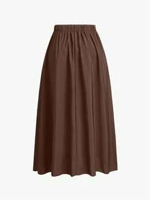 SHEIN EMERY ROSE CURVE Váy xếp ly có túi chéo trơn Plus - Cà phê nâu - Xem 2