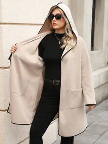 Juhart 大码女式纯色撞色条纹连帽开襟双口袋长袖中长款休闲优雅百搭外套 - 杏色 - 查看 8