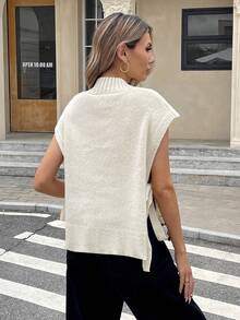 Serisse 女士纯色圆领系带休闲毛衣背心秋冬女装 - 杏色 - 查看 2