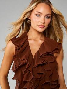 MISSGUIDED Chiffon Ruffle Mini Dress With Plunge V-Neck For Party Evening Occasions - Brown - View 5