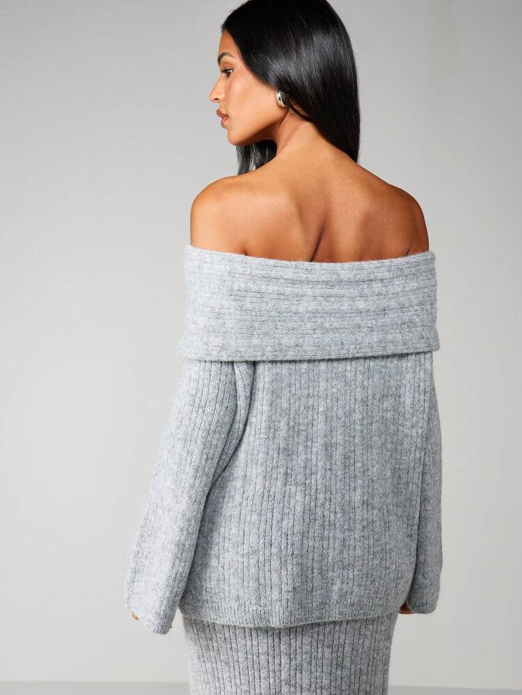 MISSGUIDED Jersey de punto acanalado oversize con hombros descubiertos para mujer, de manga larga, para invierno