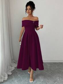 Elenzga Đầm midi xòe tay ngắn hở vai đính đá thời trang dành cho nữ - Màu tím - Xem 5