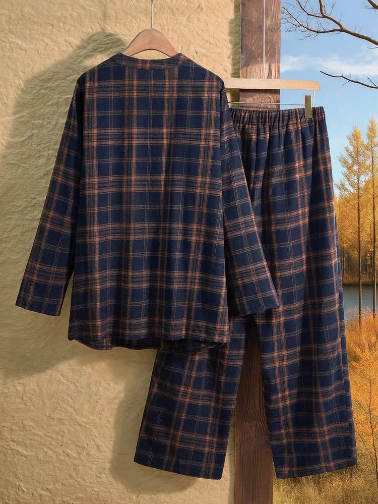 プラスサイズ レディース カジュアル チェック柄 長袖シャツ&パンツ 2点セット ポケット付き、秋冬