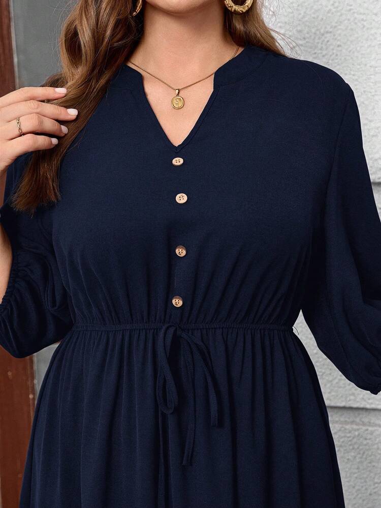 Plus Size V-Neck Regular Shoulder Puff Sleeve Concealing Belly Midi Dress, Elegant Dresses For Women