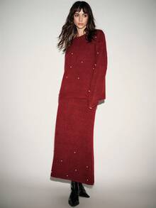 SHEIN Luminelle 2 件女士优雅手工水钻针织毛衣和裙子套装，宽松星空套头衫和中长裙