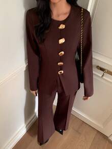 Elyressa 2pcs Women's Elegant Casual Commute French Street Metal Decor Button Apricot Set - Coffee Brown - View 9