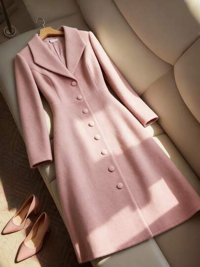 Franclia 大码女士优雅简约高端正式办公通勤休闲度假纯色翻领喇叭下摆纽扣长袖中长款大衣，粉色