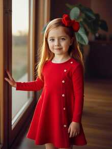 Emery Rose Kids 少女優雅紅白色珍珠鈕扣設計A字洋裝，長袖修身休閒圓領秋季派對洋裝，生日禮物首選 - 紅色 - 查看 7