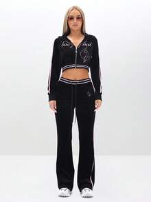 BABYPHAT 天鹅绒修身慢跑裤，搭配撞色滚边细节运动裤，打造休闲舒适体验 - 黑色 - 查看 3