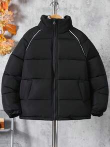 Vacaura Casual Drawstring Thick Padded Coat For Tween Boys - Black - View 6