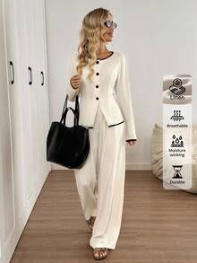 SHEIN LUNE 2 件亚麻混纺领扣衬衫，撞色饰边，高腰阔腿裤套装，休闲优雅的女士办公室装，秋冬 - 杏色 - 查看 4