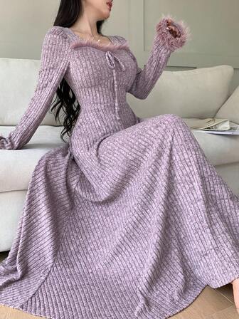 Feyla Women's Solid Color Faux Fur Patchwork Ribbed Long Sleeve Dress Lavender Outfit Woman