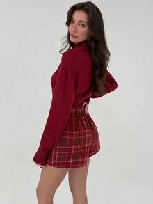 Aloruh 女士秋冬百搭百搭万圣节、圣诞节、新年红色格纹优雅A字型裹腰系带迷你裙 - 紅色 - 查看 2