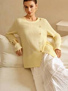 SHEIN Unity Lymera 女士奶油黄不对称秋季优雅商务休闲侧开衩圆领格子纽扣长袖柔软畅销T恤上衣，适合夏季、秋季/冬季派对、外出、新年、圣诞节、感恩节、工作、办公室、通勤等场合。 - 黃色 - 查看 7