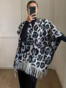 DAZY 豹纹流苏边宽松休闲优雅针织开衫女士秋冬背心 - 灰色 - 查看 3