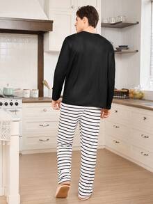 CoupledUp Striped Casual Long Sleeve Top & Pants Men Pajama Set Fall Winter Clothes - Black - View 3