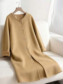 Franclia 女士中长款圆领纽扣宽松羊毛大衣，秋冬 - 駝色 - 查看 3