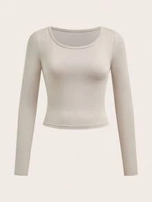 SHEIN EZwear Áo thun dài tay dáng rộng cổ lọ tay raglan tối giản dành cho nữ, màu mơ, xuân/thu - Màu Xám nhạt - Xem 2
