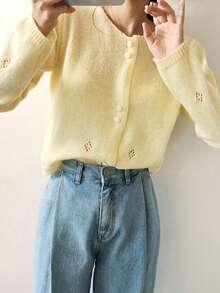 DAZY Solid Button Front Cardigan,Long Sleeve Tops,Fall Clothes - Yellow - View 7