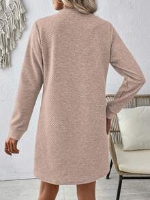 EMERY ROSE Women's Solid Color Round Neck Loose Casual Straight Long Sleeve Dress - Apricot - View 2