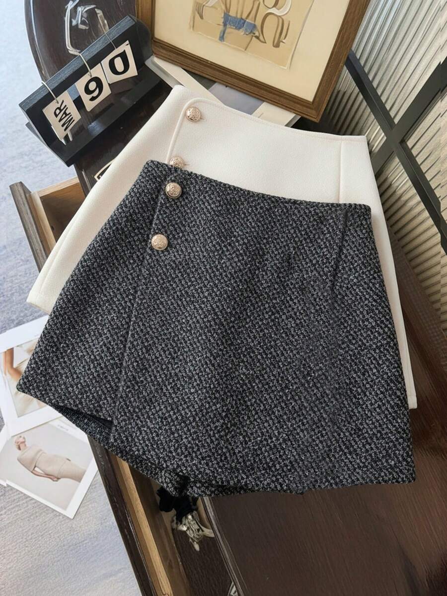 Franclia 女士优雅纽扣设计松紧腰裙裤 - 深灰色 - 查看 1