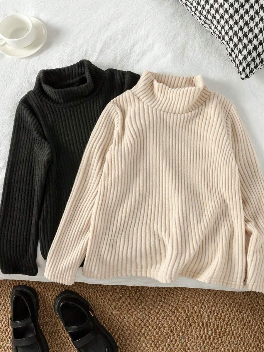 SHEIN Genkimix Kids 少女休闲纯色罗纹高领长袖T恤，秋季