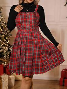 Flirla 加大码圣诞格子褶饰腰部短款吊带连衣裙 - 紅色 - 查看 4