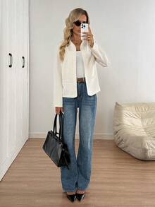 Easowa Women Casual Open Front Small Collar Pocket Blazer, Autumn