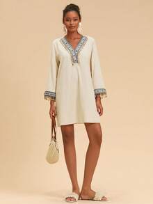 Travachic Women's Vintage V-Neck Long Sleeve Short Dress, Bohemian Dress, New Year Look, Thanksgiving Outfits, Elegant Dresses Party, Luxury Evening Dresses For Weddings, Chic Going Out Outfits - White - View 3