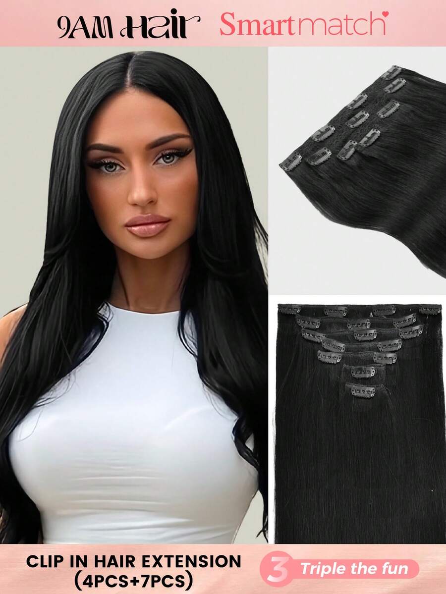 SMART&MATCH Clip In Hair Extensions Real Human Hair, Remy Human Hair Extensions Clip Ins For Women, Natural Human Hair, 14-20 Inch 2 Packs (4pcs+7pcs) - S1 - View 1