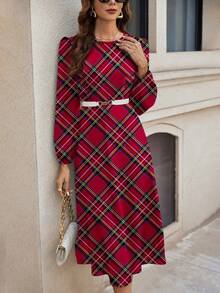SHEIN Clasi Red Plaid Print Casual Dress, Suitable For Daily Wear And Christmas - Multicolor - View 7
