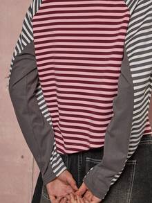 COUREZ Asymmetric Splice Stripe Rugby Polo /Y2K Fall Winter Clothes For Women Going Out Tops Pink Top Winter Tops Multicolor Striped Shirt