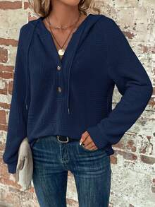 SHEIN Clasi 秋冬纯色连帽长袖套头衫，长袖上衣 - 藍色 - 查看 4