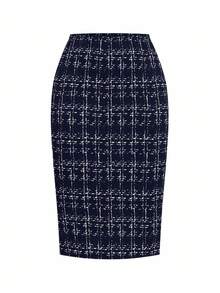 Ellevyn 女士优雅黑色西装，商务/通勤法式百搭格子衬衫和裙子两件套 - 藏蓝色 - 查看 7