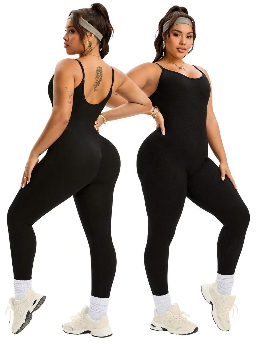 Rhythm Era Plus Size Women Solid Color Camisole Jumpsuit For Daily Fitness & Sports Seamless Workout Jumpsuits Tummy Control Bodysuit
