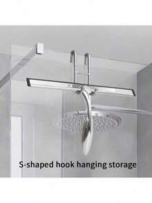 1pc Stainless Steel Shower Squeegee With Silicone Blade & Ergonomic Handle - Rust-Resistant Bathroom, Kitchen, Car Glass Cleaner - Includes Hooks Holder For Shower Doors, Windows, Mirrors, Bathroom Cleaning Tool | Modern Sleek Design | Stainless Steel Squeegee - Multicolor - View 2