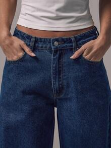 MUSERA Mid Waist Baggy Fit Mid Blue Wash Silver Button Detail Denim Jeans Mid Rise Casual Winter Night Out Back To School Office Work Date Night Core Denim Chic Spring Summer - Dark Wash - View 2