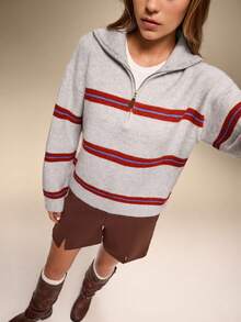Qadelle Women's Autumn/Winter Polo Collar Half Zip Striped Contrast Color Loose Knit Sweater - Grey - View 5