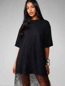 MISSGUIDED Oversized T-Shirt Style Midi Dress With Sheer Lace Scalloped Hem Detail - Black - View 4