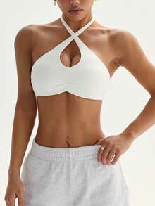 Dewbera Women's Sports Bra With Front Ruched Halter Neck, Removable Padded Criss-Cross Straps, Suitable For Daily Casual Wear, Tennis, Yoga, Gym And More - White - View 5