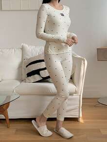 DAZY 2 件女式波尔卡圆点印花修身长袖上衣和裤子睡衣套装，秋冬睡衣秋季衣服 - 白色 - 查看 8