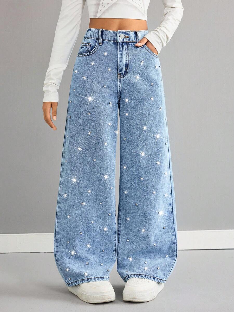SHEIN 青少年女孩 Y2K 浅色水洗水钻装饰口袋宽腿宽松休闲牛仔裤，闪亮水钻宽松阔腿牛仔裤，青少年女孩秋冬休闲牛仔裤，宽松牛仔裤女孩，机场，阔腿裤，街头服饰，趣味牛仔裤，返校装，优雅派对闪亮服装，圣诞节青少年女孩服装
