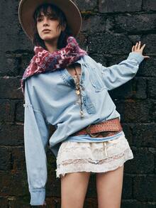 Bohemela 休闲梭织牛仔条纹拼接宽松女式衬衫 - 藍色 - 查看 2