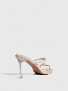 CUCCOO SZL Sandalias de tacón alto con puntera redonda, elegantes, con adornos de cristal y rayas en color albaricoque - Albaricoque - Ver 4