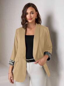 SHEIN Clasi Leopard Print Plus Size Women's Blazer With Cuff Splicing, Elegant Daily Wear Office Commute In Fall/Winter - Khaki - View 3
